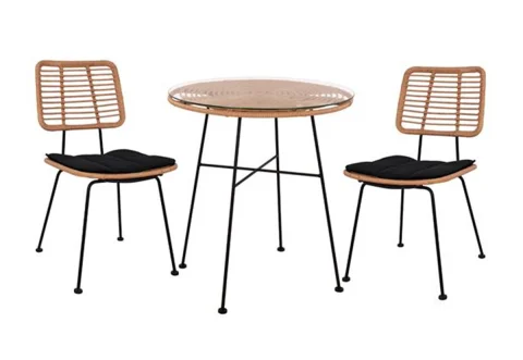 Градински комплект маса и 2 стола Allegra Wicker HM10478 в Натурален и Черен цвят от  ратан и Метал със Стъклен плот, възглавници