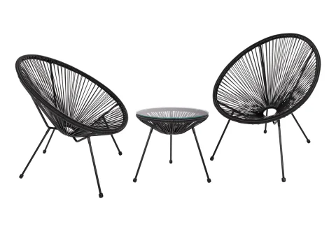 Градинска маса и столове Acapulco HM21101, Маса, Две кресла, Ø47/45 см, Стъклен плот, Синтетичен ратан, UV защита, Черен