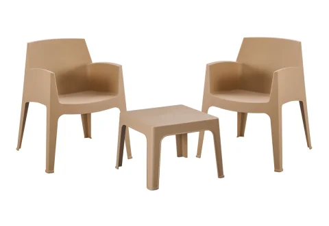 Градински комплект Sleek HM21267.03 квадратна ниска маса и два стола с подлакътници, стифиращи, UV защита, капучино