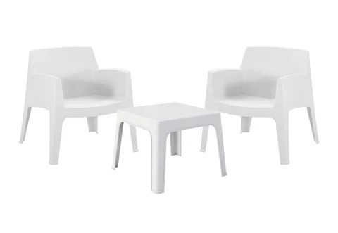Градински комплект Sleek HM21274.01 квадратна ниска маса и два стола с подлакътници, стифиращи, UV защита, пластмасови в бяло