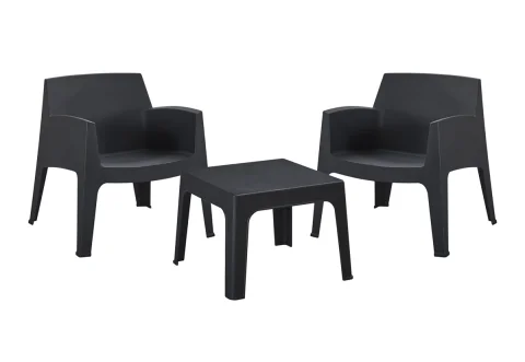 Градински комплект Sleek HM21274.02 квадратна ниска маса и два стола с подлакътници, стифиращи,UV защита пластмасови в черно