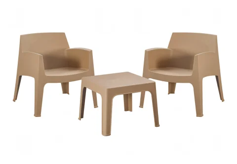 Градински комплект Sleek HM21274.03 квадратна ниска маса и два стола с подлакътници, стифиращи, UV защита, пластмасови в капучино