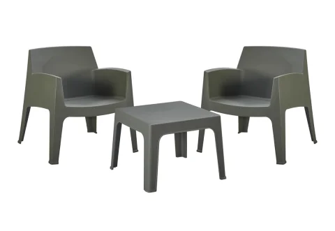 Градински комплект Sleek HM21274.05 квадратна ниска маса и два стола с подлакътници, стифиращи, UV защита, пластмасови в маслиненозелено