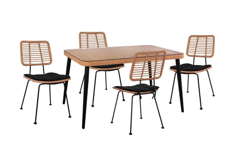 Градински комплект маса и 4 стола Allegra Wicker HM10492 в Натурален и Черен цвят от  ратан и метал със стъклен плот и възглавници